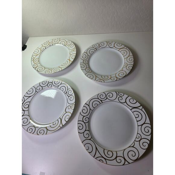 Set of 4 PIER 1 IMPORTS White with Gold Swirl Porcelain 10" Dinner Plates - Picture 2 of 6